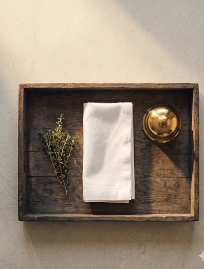 A wooden tray with linen napkin, thyme sprig and brass service bell — concierge still life