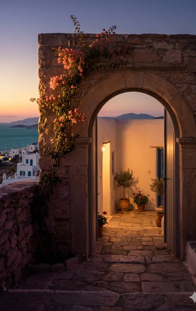 Ancient stone archway with sea view at sunset