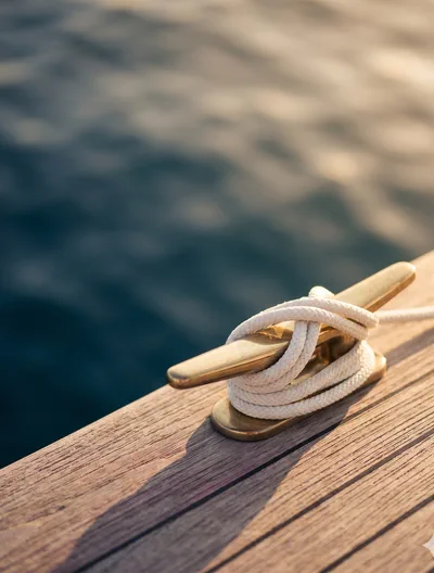 White nautical rope knot on a yacht dock