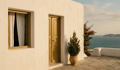 Whitewashed Mediterranean villa façade overlooking the sea
