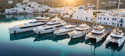 Moored luxury boats in a turquoise harbor at golden hour